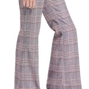 FREE PEOPLE Plaid Wide Leg Bell Bottom Mid High Waist Pants Retro 70s Size 2